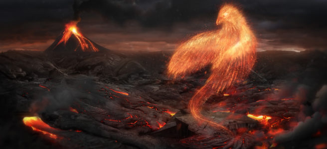 Burning bird phoenix in the volcanic landscape